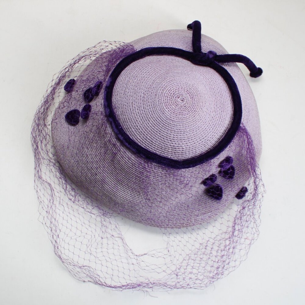 Vintage 1950's Lilac Woven Purple Heart Velvet Birdcage Veil Headpiece Hat - Picture 6 of 10